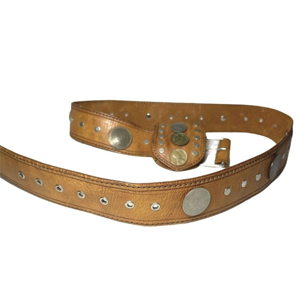 Vintage Cowhide Leather Women's Belt with 10 International Coins and Small Bag